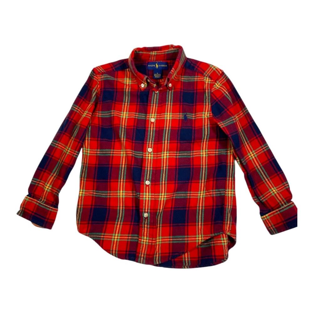 Ralph Lauren Youth Red Blue Tartan Plaid Pony Long Sleeve Size 5 Flannel Shirt